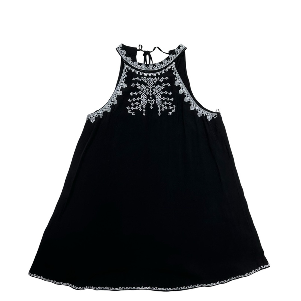 Forever 21 Black Halter Mini Dress White Embroidered Boho Sundress Women’s L